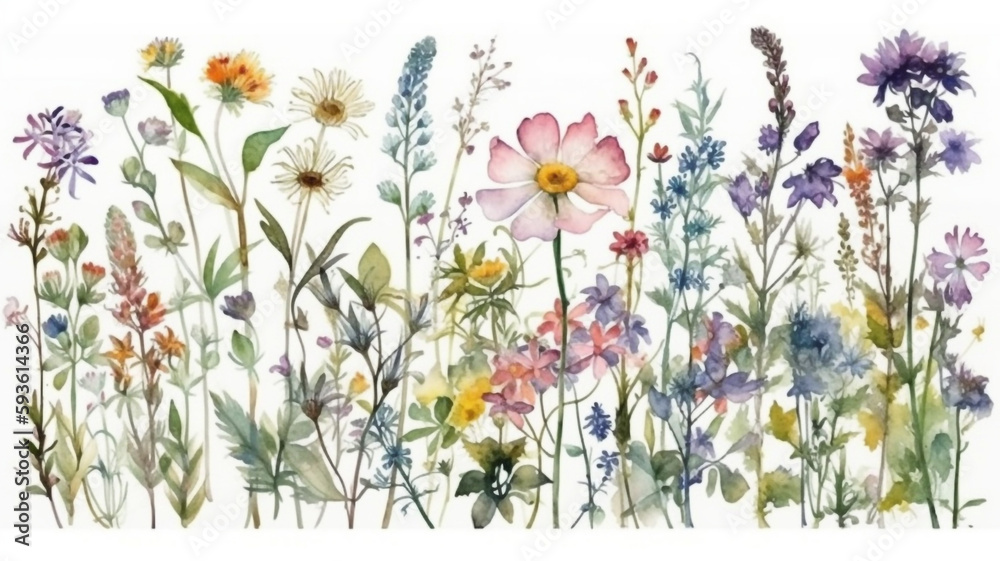 Wall mural delicate watercolor beautiful meadow flowers on white background. generative ai