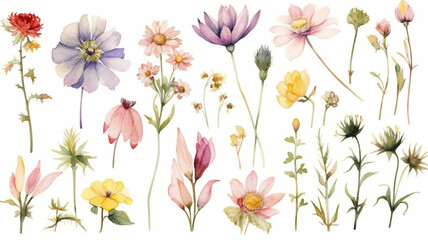 delicate watercolor beautiful meadow flowers on white background. generative ai	
