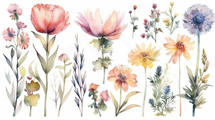 Fototapeta na wymiar delicate watercolor beautiful meadow flowers on white background. generative ai 