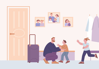 Little children run to hug and father or grandfather. Come back to home, dad and happy kids in flat. Traveller, family vector cozy scene