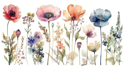 Obraz premium delicate watercolor beautiful meadow flowers on white background. generative ai 