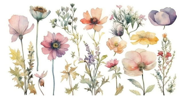 delicate watercolor beautiful meadow flowers on white background. generative ai © pa-ka