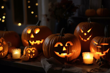 Generative AI Jack O Lanterns Glowing Halloween Scene