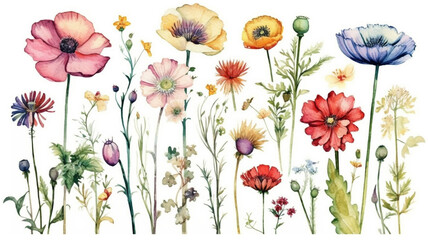 Naklejka premium delicate watercolor beautiful meadow flowers on white background. generative ai 