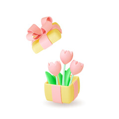 Tulips in gift box, 3d isolated composition. Flower bouquet, present for birthday, anniversary, holiday. Floral render, blooming vector element