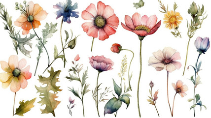 delicate watercolor beautiful meadow flowers on white background. generative ai	
