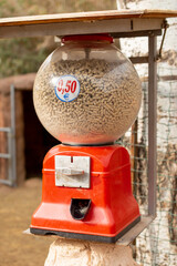 Transparent ball filled with the food for animals in a zoo with a marking of fifty cents.