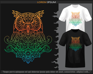 gradient Colorful owl bird mandala arts illustration isolated on black and white t shirt.