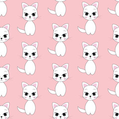 Obraz na płótnie Canvas Trendy cartoon seamless pattern with a white cat on a pink background. Funny vector illustration for children's textiles, paper, gifts and graphic design. Children's style.