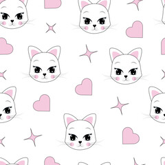 Seamless pattern with a cute cat on a white background.Children's background.