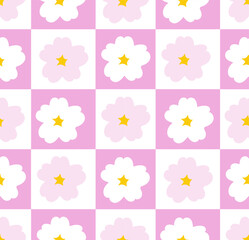 Retro cute flowers seamless pattern, groovy checkered background. Vintage 70s style vector illustration.
