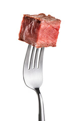 Fork with a piece of new york steak on white background. Medium rare. With clipping path.