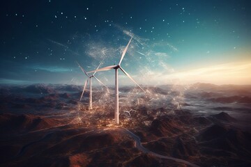 Wind turbine eco power technology concept with earth particle, global renewable energy generate from green alternative electric source, Innovative windmill background 3D illustration. Generative AI