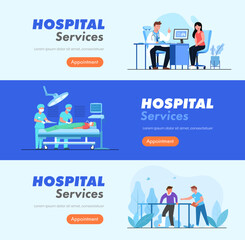 Square vector banners of services with doctors and patients in hospital.