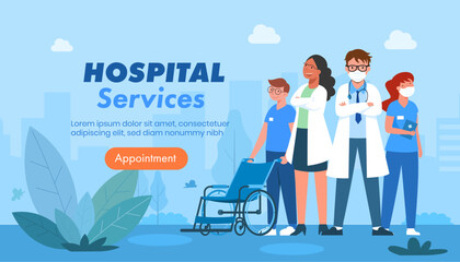 Website landing page of services with doctors and patients in hospital.