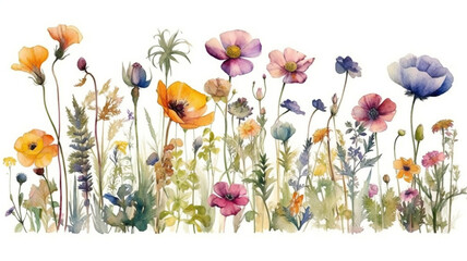 delicate watercolor beautiful meadow flowers on white background. generative ai	
