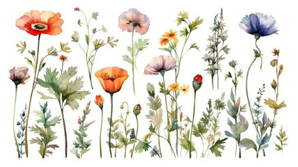 	
delicate watercolor beautiful meadow flowers on white background. generative ai	
