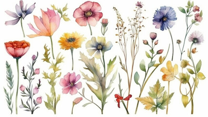 	
delicate watercolor beautiful meadow flowers on white background. generative ai	
