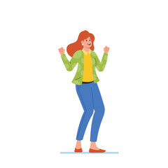 Happy Female Character Show Yes Gesture, Woman Show Positive Emotion, Satisfied Cheerful Girl Excited Feelings