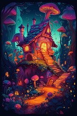 cartoon illustration, wizard house in the fairy forest, ai generative
