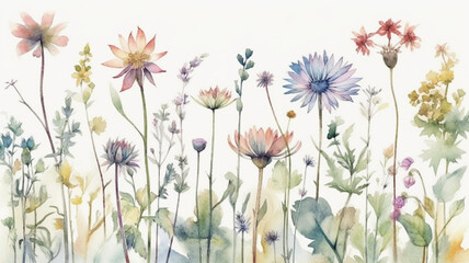 	
delicate watercolor beautiful meadow flowers on white background. generative ai	
