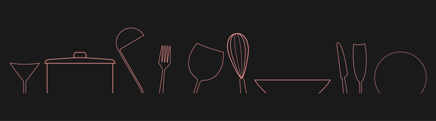 Set of black silhouettes kitchen tools fork spoon knife rolling pin ladle board for cutting culinary banner with place for your text vector illustration isolated on white background