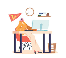 Creative Woman Graphic Designer Sitting At Desk Making Sketch On Tablet At Workplace. Female Character Create Design