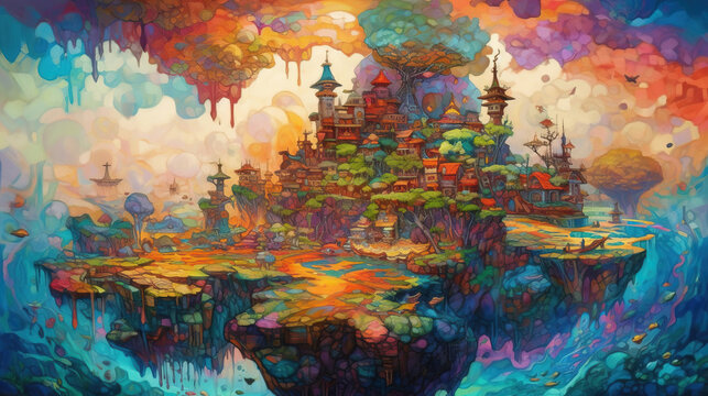 Surreal & Psychedelic illustration, 80s styled Surreal village landscape. Generative AI. © Absent Satu
