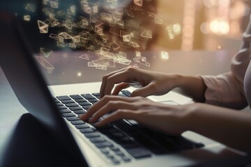 Arbeiten am Laptop. Die Hände einer Person beim Tippen in einen Laptop. (Generative AI)