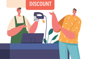 Male Character In Tool Shop Searching For The Perfect Grinder Tool. He Is Speaking With Salesman, Cartoon Illustration