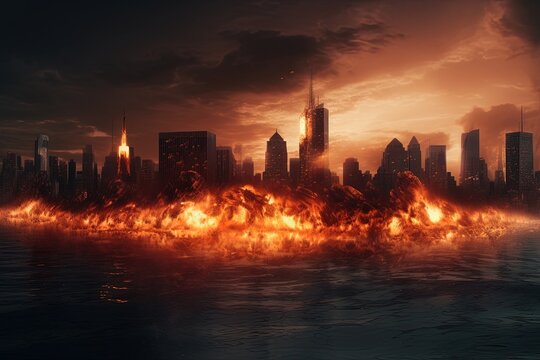 Doomsday in New Yyork City skyline with fire as Apocalpyse 