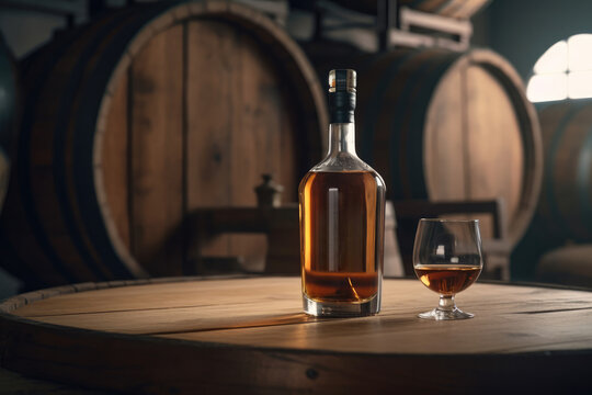 A glass of whiskey in the background a blurred bottle and an oak barrel. Generative AI