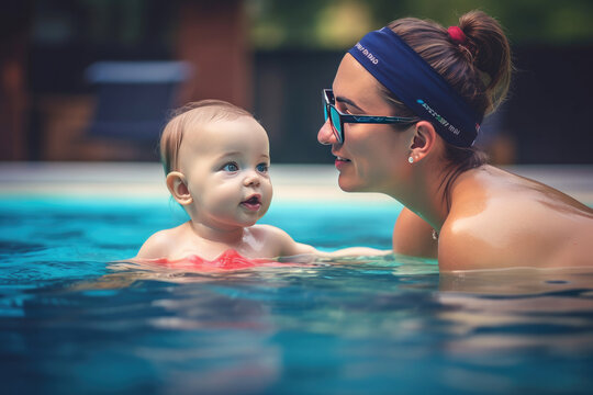 Mother teaching baby swimming pool. Generative AI