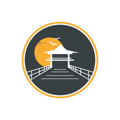logo design with the silhouette of a gazebo on the beach with a beautiful sun view.