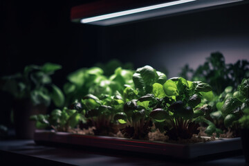 a hydroponic garden indoors in winter with lettuce in an environment with global illumination. generative ai
