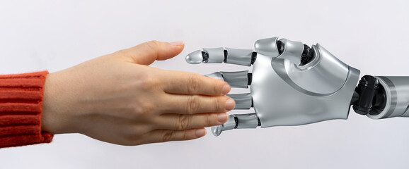 Concept of Artificial intelligence, AI robot, human, idea, development, think, futuristic technology transformation, science, robotic hand, connection with human hand and robot technology development