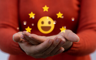 Human hand showing give feedback icon satisfaction survey, five star, customer, satisfaction, review, feedback, top service excellent, Quality assurance 5 star, positive, customer service