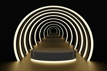 Podium in a premium tunnel. Glow circle.  3D render illustration.