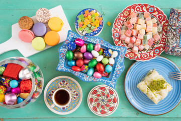 Colorful Ramadan Eid Candy and Chocolate, Traditional Ottoman Cuisine Desserts Photo, Üsküdar Istanbul, Turkiye