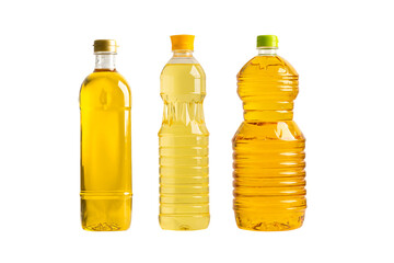 Vegetable oil with olive oil in different bottle for cooking isolated on white background with clipping path.