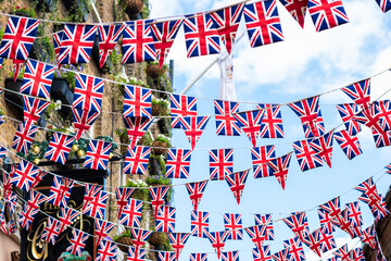 Union Jack flags hanging ready to national holiday celebration