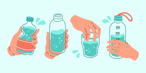Drink more water set h2o vector illustration. Cartoon water bottles. Sports and glass bottle and glasses with liquids.