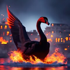 "Fiery Majesty: A Breathtaking Image of a Giant Black Swan Bathed in Flames, Exuding Power and Elegance - Perfect for Fantasy and Surreal Art Creations"