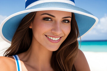 Happy young caucasian woman beach portrait. Pretty beauty face of woman in bikini relaxing outside, spa, travel and vacation concept. Generative Ai.	