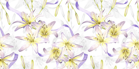 Seamless pattern of white lilies with purple ribbon. Summer flowers. Hand drawn watercolor illustration for packaging design, wallpaper, textile.