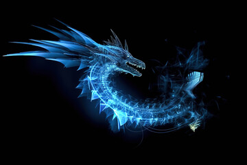  blue glowing lighting robotic angry dragon made plasma clot of energy, flickering particles, tech futuristic dragon, science and technology, black background, generative ai.