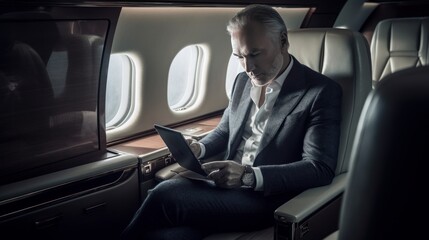 Businessman working on a private jet during flight. Generative AI.