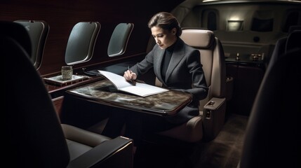Fototapeta premium Businesswoman working on a private jet during flight. Generative AI.