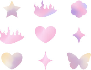 y2k trendy gradient stickers, butterfly, star, heart, 90s and 2000s style, nostalgia, glamorous, vector illustration