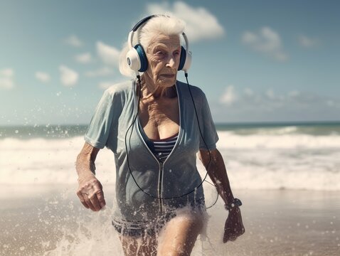 Sportliche oma rockt das training am strand mit musik, generative AI.